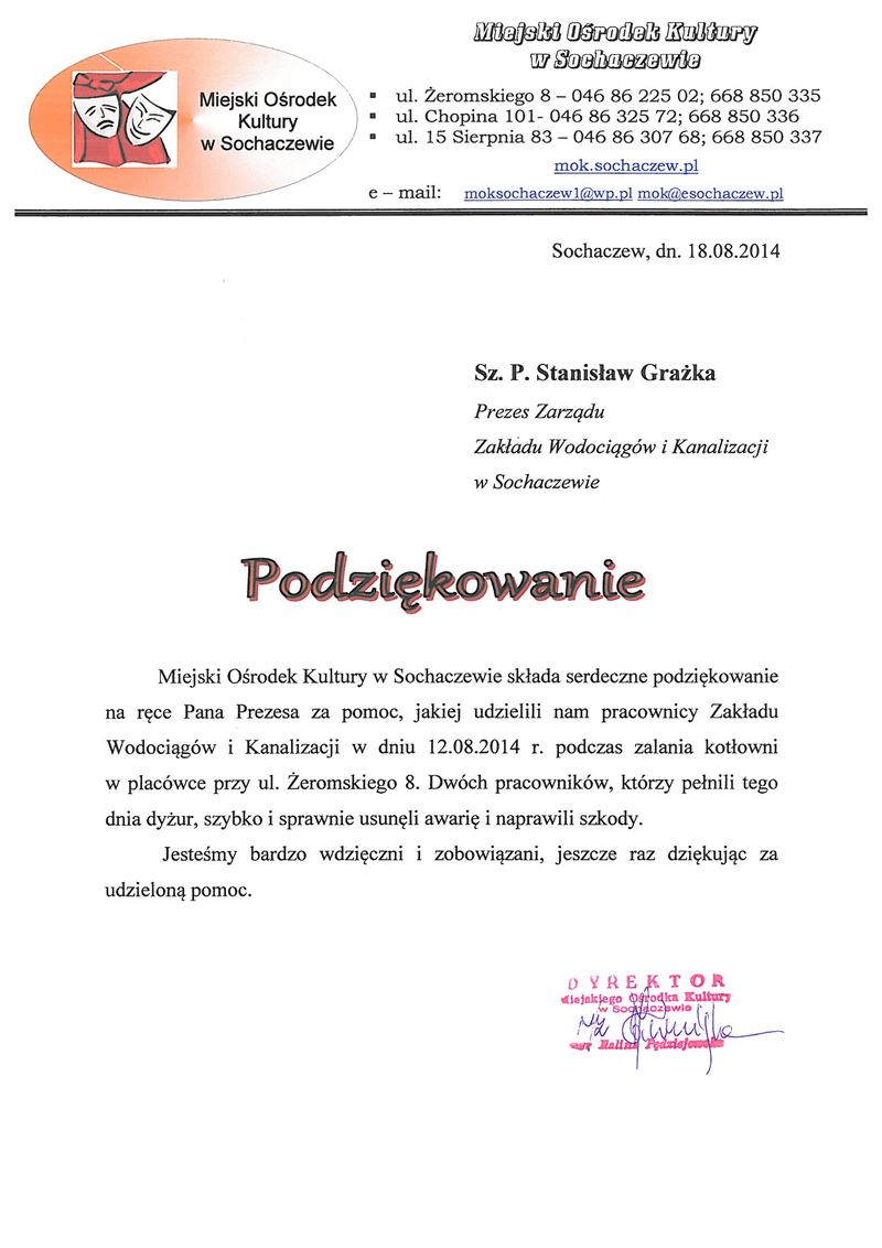 Podziękowanie od MOK Sochaczew