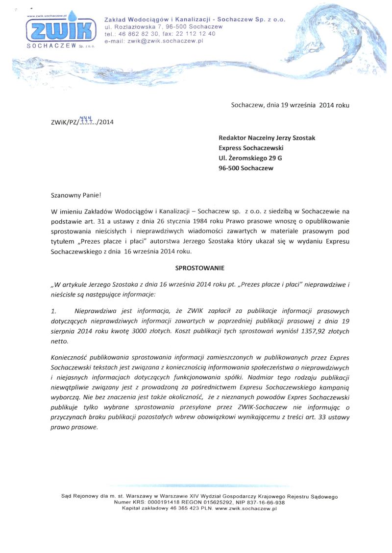 SPROSTOWANIE do artykułu Jerzego Szostaka z dnia 16 września 2014 roku pt. Prezes płacze i płaci