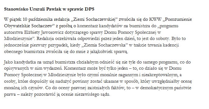 Stanowisko Urszuli Pawlak w sprawie DPS