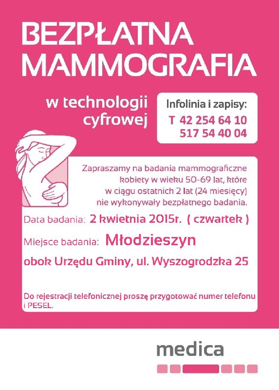 Bezpłatne badania mammograficzne dla kobiet w wieku 50 - 69 lat - 30.03.2015