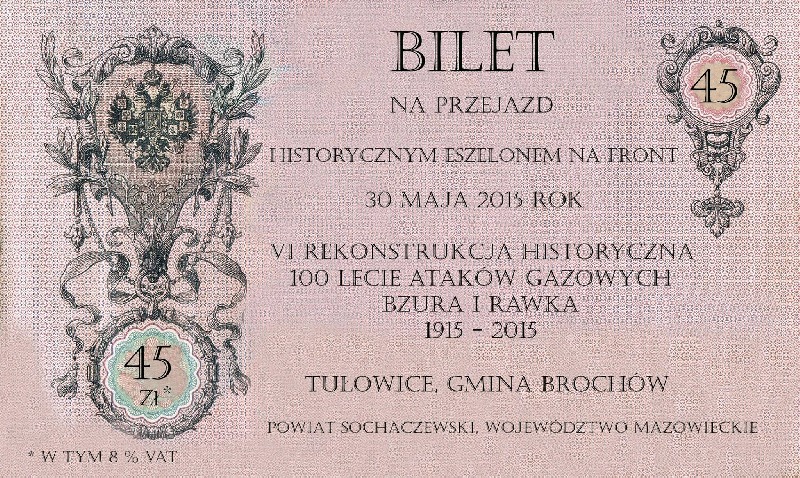 Specjalny bilet na historyczny pociąg na bitwę 30 maja 2015 roku