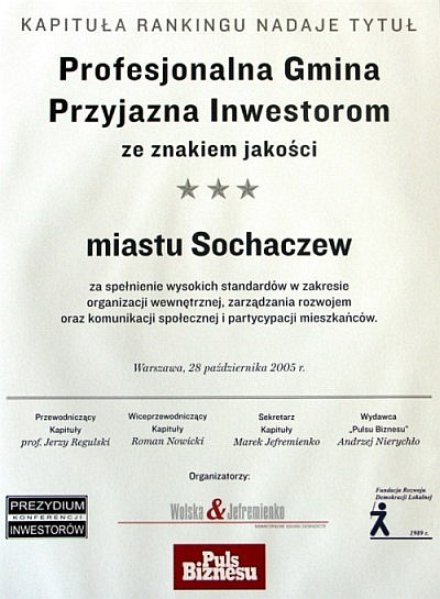 Sochaczew „Profesjonalną Gminą Przyjazną Inwestorom - ze Znakiem Jakości”