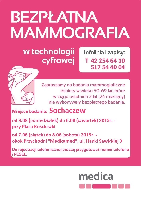 Bezpłatne badania mammograficzne dla kobiet w wieku 50 - 69 lat - 22.07.2015