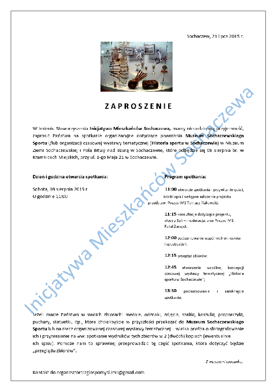 Dyskusja o Sporcie w Sochaczewie - Sobota, g. 11:00, Kramnice Miejskie (wstęp wolny) | IMS