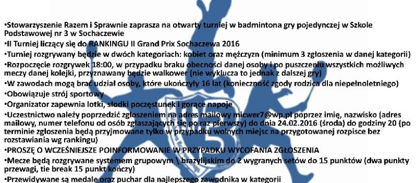 II turniej kwalifikacyjny z cyklu II Grand Prix Sochaczewa w Badmintona 2016