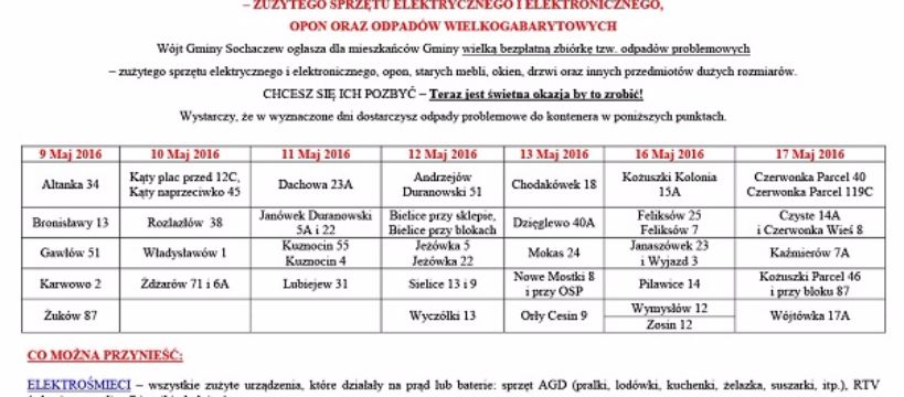 Majowa zbiórka odpadów problemowych i wielkogabarytowych z terenu Gminy Sochaczew