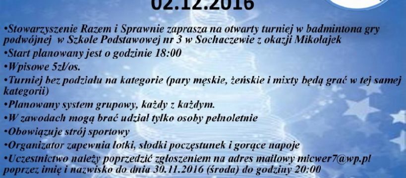 IV turniej Mikołajkowy gry podwójnej 02.12.2016