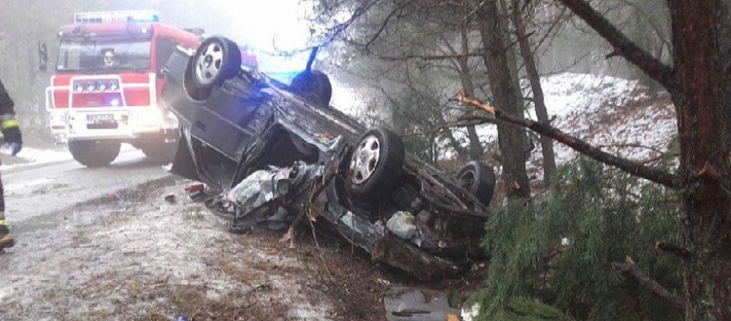 Wypadek Wilcze Śladowskie: dachując, ściął tablicę i dwa drzewa
