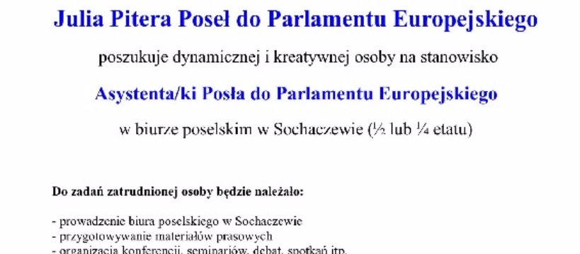 Julia Pitera Poseł do Parlamentu Europejskiego poszukuje Asystenta/ki Posła