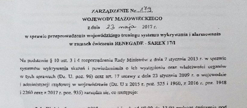 ZARZĄDZENIE nr 179 WOJEWODY MAZOWIECKIEGO - trening systemu wykrywania i alarmowania
