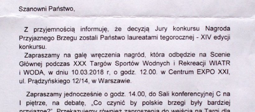 Zdobyliśmy nagrodę w konkursie "Nagroda Przyjaznego Brzegu"