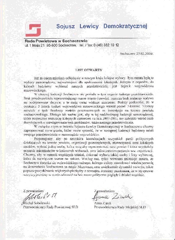 LIST OTWARTY - Rada Powiatowa i Rada Miejska SLD w Sochaczewie