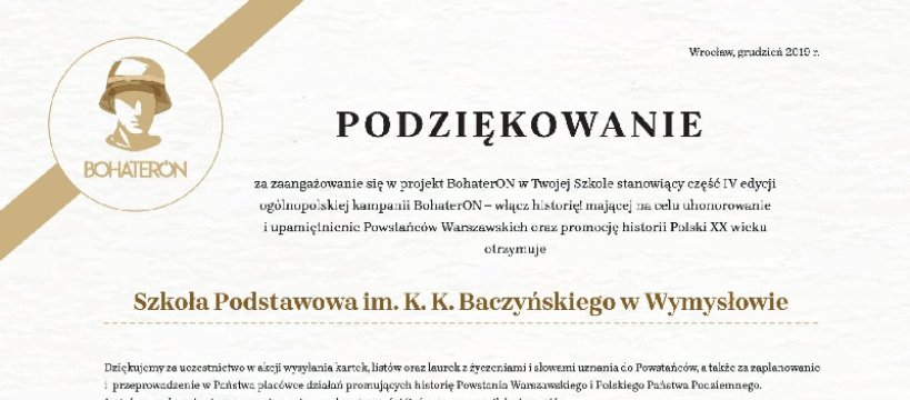 Podziękowanie za zaangażowanie w projekt BohaterON