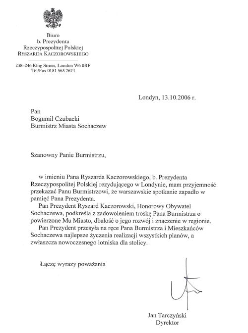 Prezydent Kaczorowski dziękuje burmistrzowi