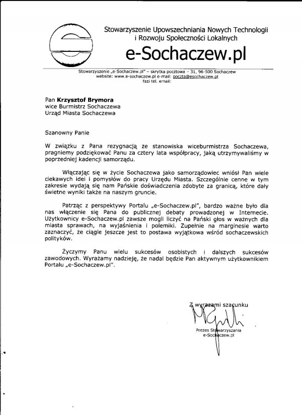Podziekowanie dla Krzysztofa Brymory