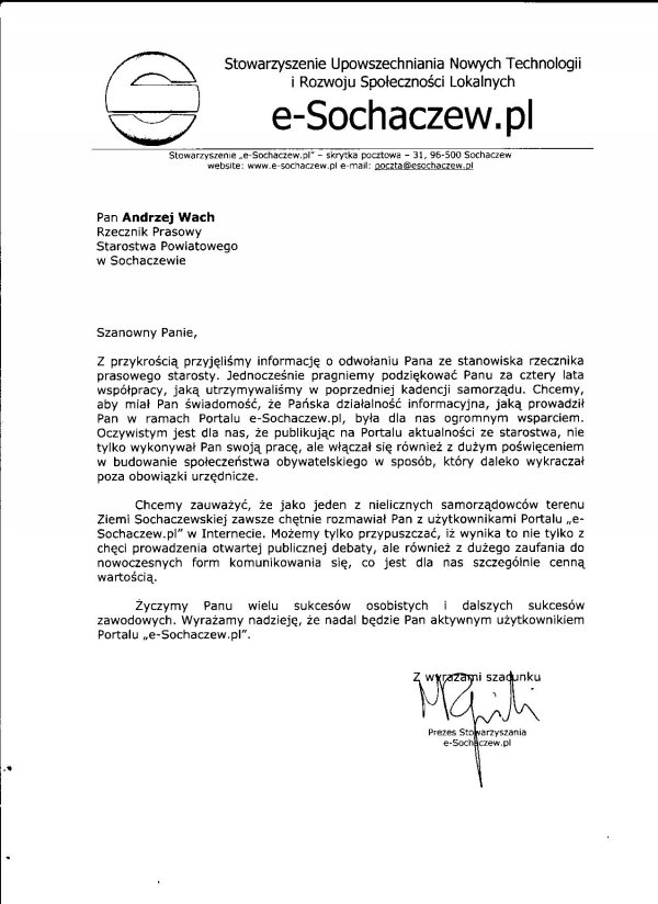 Podziękowanie dla Andrzeja Wacha