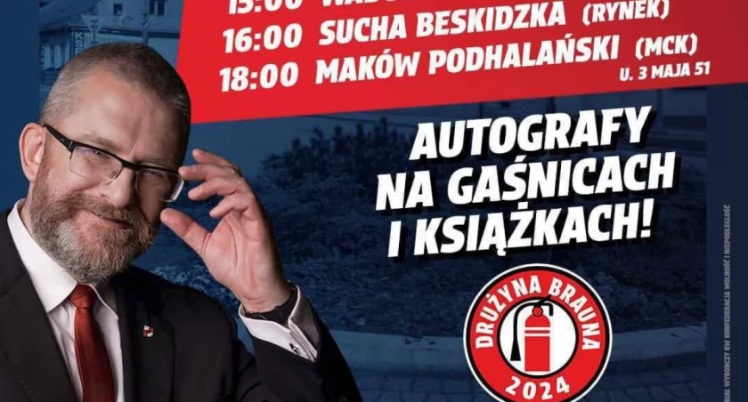 Grzegorz Braun odwiedzi dziś powiat suski! Rozda autografy na… gaśnicach
