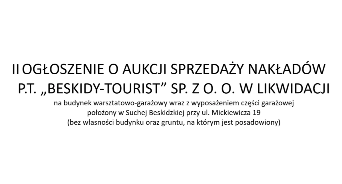 DRUGIE OGŁOSZENIE O AUKCJI SPRZEDAŻY NAKŁADÓW  P.T. „BESKIDY-TOURIST” SP. Z O. O. W LIKWIDACJI