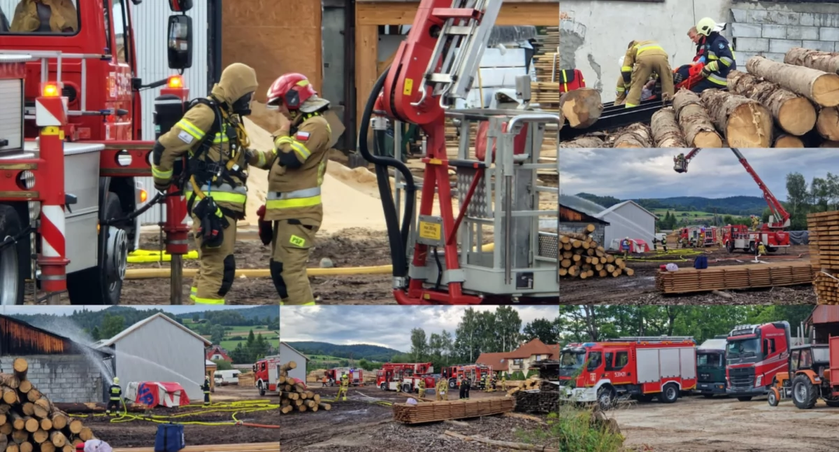 Ćwiczenia OSP Bystra Podhalańska w zakładzie przetwórstwa drzewnego JAR-MAT 