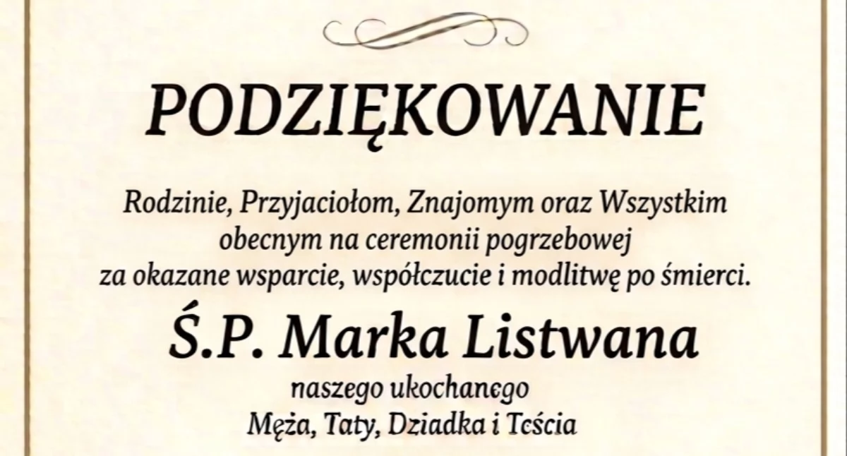 Podziękowanie po śmierci śp. Marka Listwana