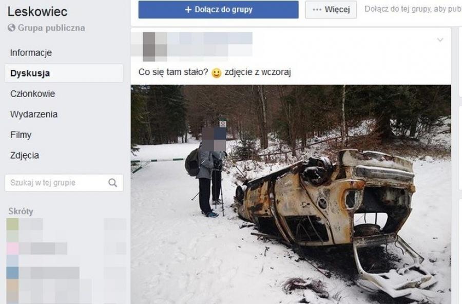 Turyści znaleźli spalony wrak samochodu w drodze na Leskowiec
