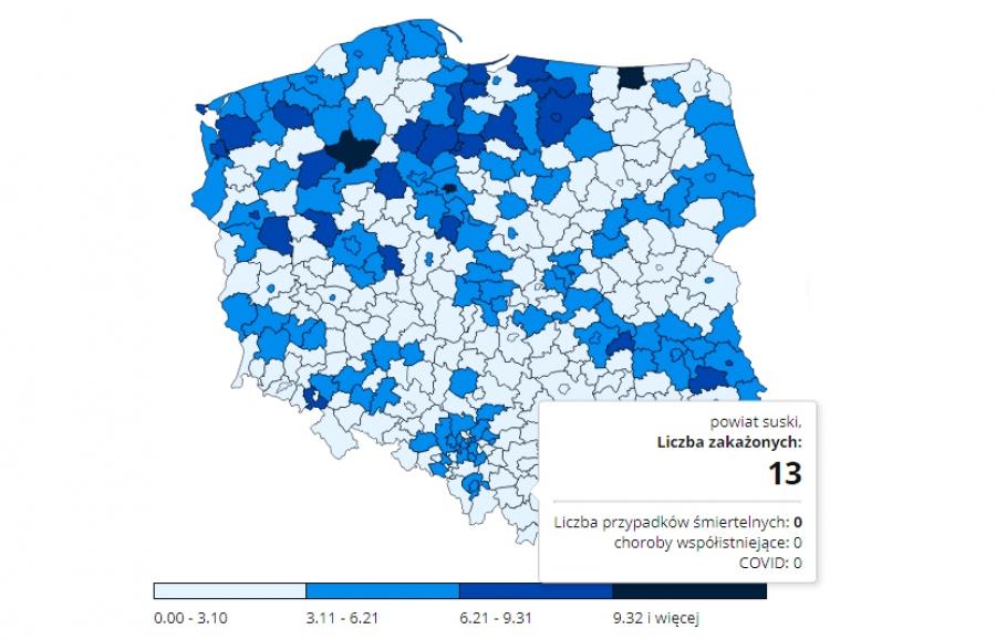 Na południu mniej zakażonych niż na północy. W powiecie suskim również niewiele nowych przypadków SARS-CoV-2