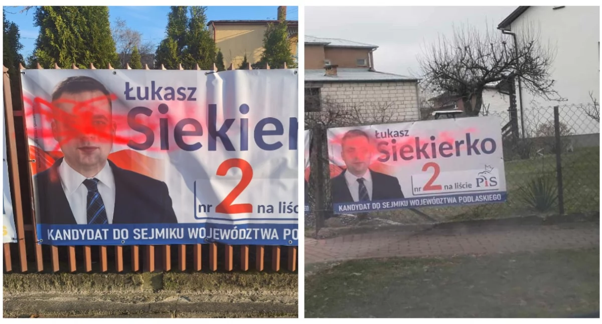 Zniszczone banery wyborcze w Szepietowie. Nieznany sprawca zamalował twarz kandydata PiS