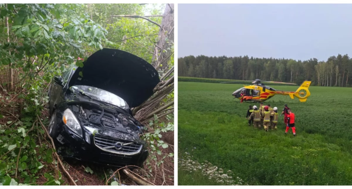 Wypadek na drodze Sokoły - Jeżewo Stare. Młodego kierowcę zabrał śmigłowiec LPR [foto]