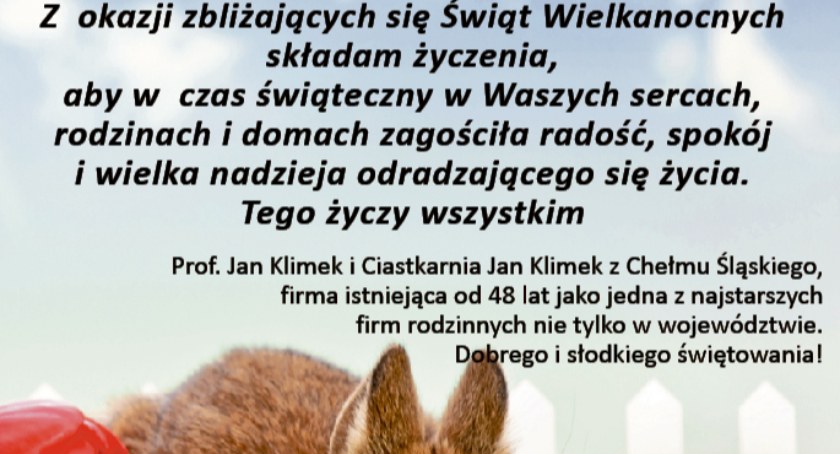 Życzenia świąteczne od prof. Jana Klimka i Ciastkarni Jan Klimek z Chełmu Śląskiego
