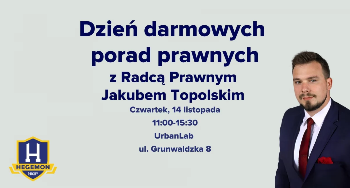 Dzień darmowych porad prawnych z radcą prawnym Jakubem Topolskim w Urban Lab