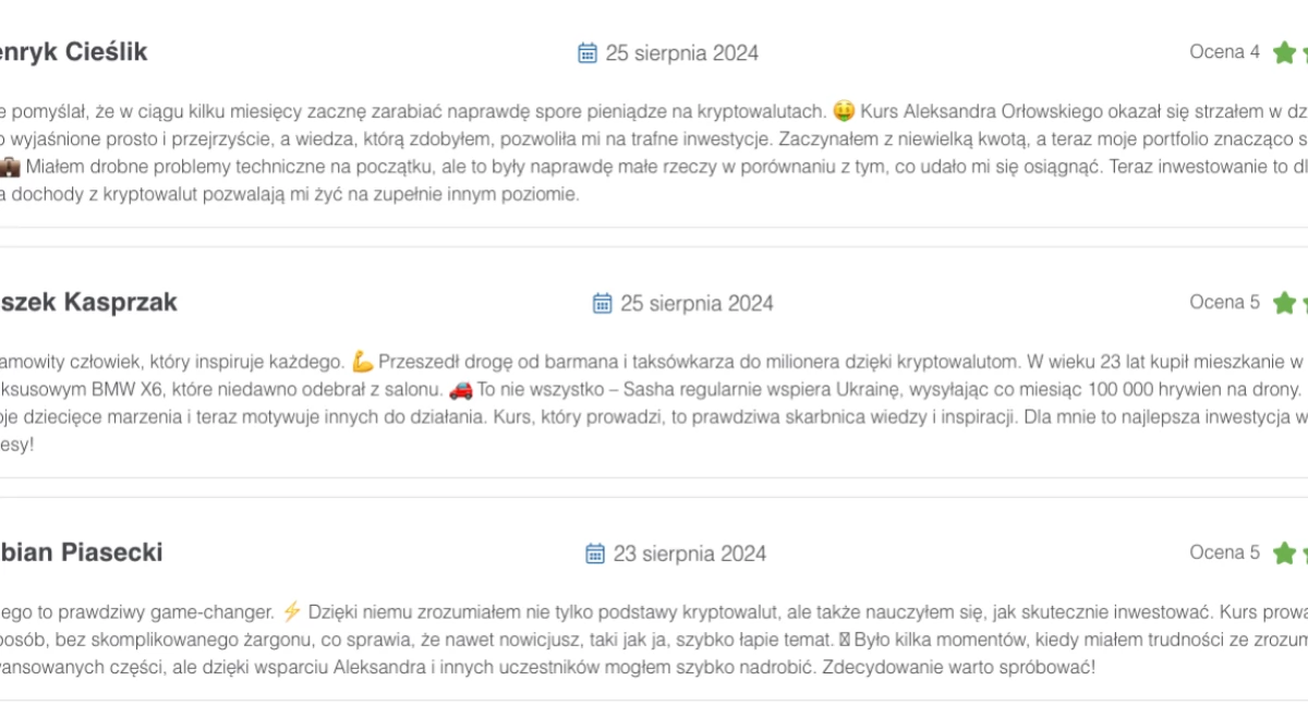 Aleksander Orłowski uczciwie recenzuje kursy kryptowalutowe FFA