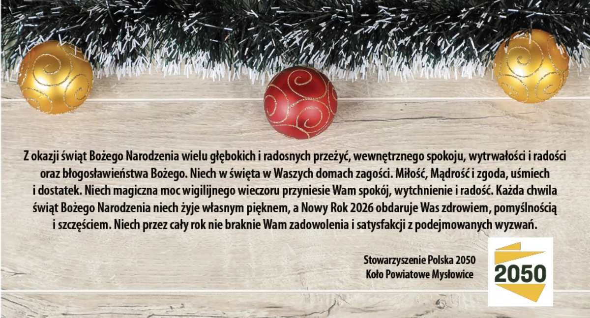 Życzenia od Stowarzyszenia Polska 2050 - Koło Powiatowe Mysłowice