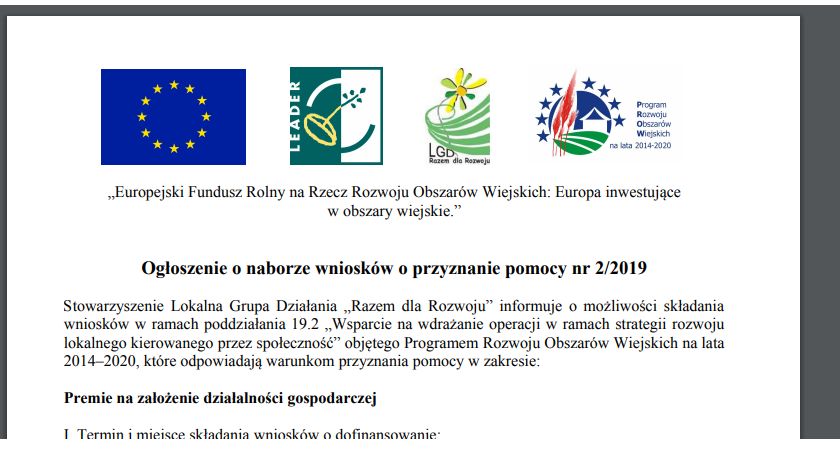 Ogłoszenie o naborze wniosków o przyznanie pomocy nr 2/2019 LGD Razem dla Rozwoju
