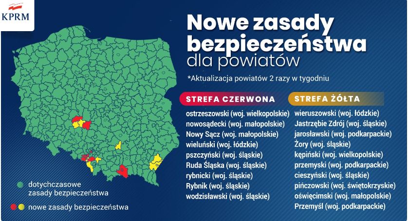 W jakich powiatach wprowadzono dodatkowe obostrzenia? strefy czerwone i zielone.