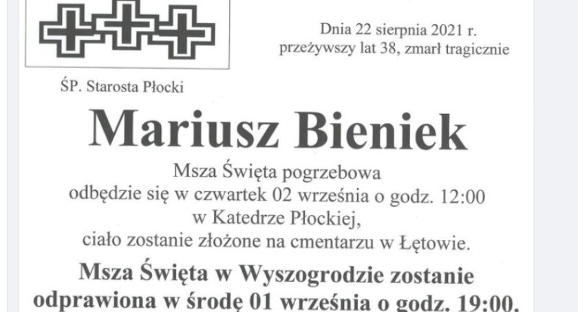 Msza Święta w intencji śp. Mariusza Bieńka, Starosty Płockiego. Wyszogród 01.09.2021 godz 19,00 