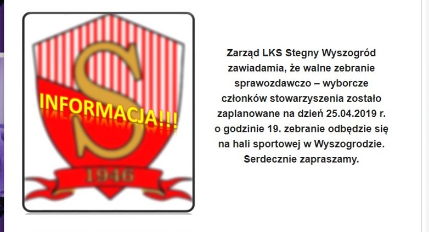 Zarząd LKS Stegny Wyszogród zawiadamia,