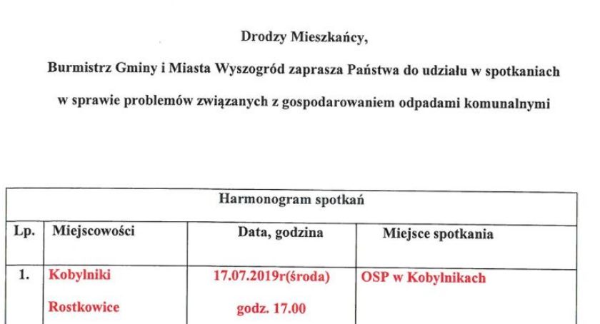 Burmistrz Gminy i Miasta Wyszogród zaprasza na spotkania w sprawie śmieci