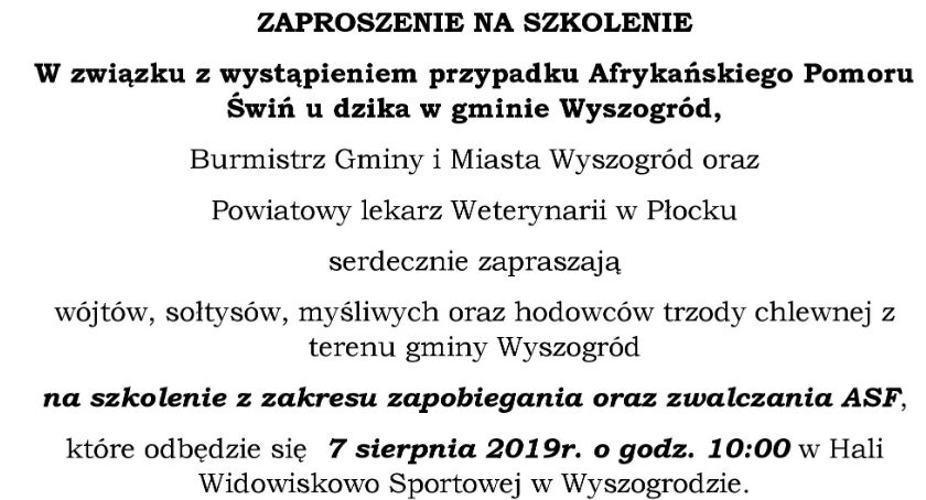 Szkolenie w Wyszogrodzie w związku z występowaniem ASF w rejonie Wyszogrodu
