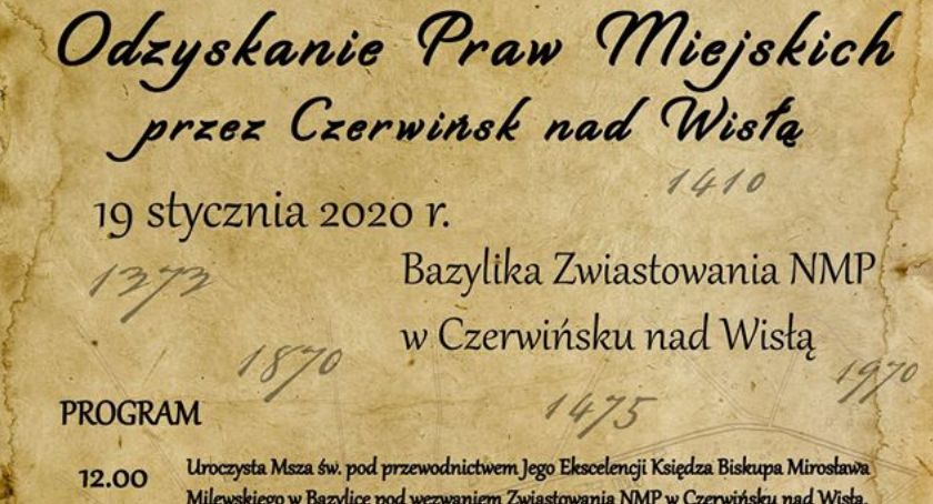Zaproszenie na uroczystości związane z odzyskaniem praw miejskich przez Czerwińsk nad Wisłą 19.01.2020 roku.