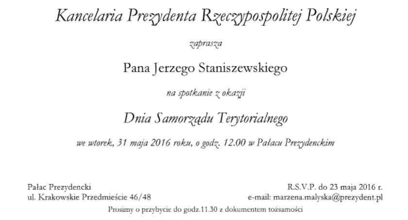 Wójt Gminy Bodzanów został  zaproszony na spotkanie z Prezydentem Rzeczypospolitej Polskiej