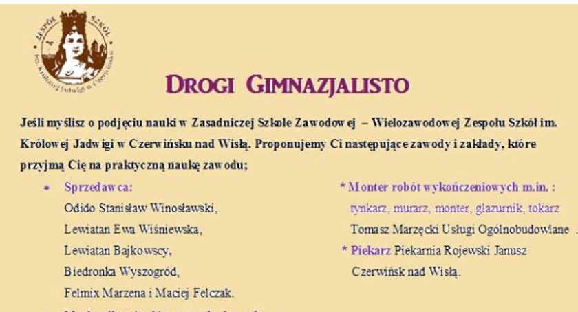 ZS w Czerwińsku przygotowała listę  przedsiębiorców przyjmujących na praktykę.