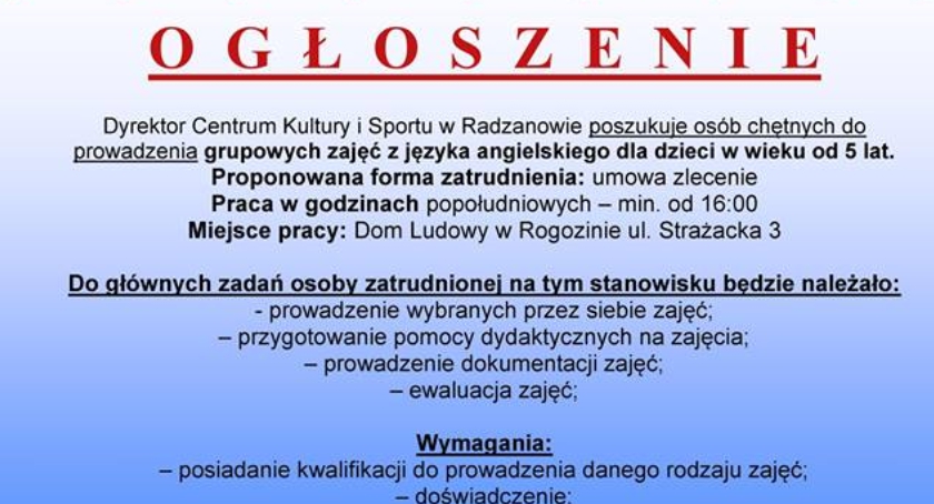 Ogłoszenie Centrum Kultury i Sportu w Radzanowie.