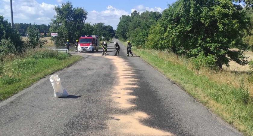 Plama oleju na drodze - usuwali ją strażacy 