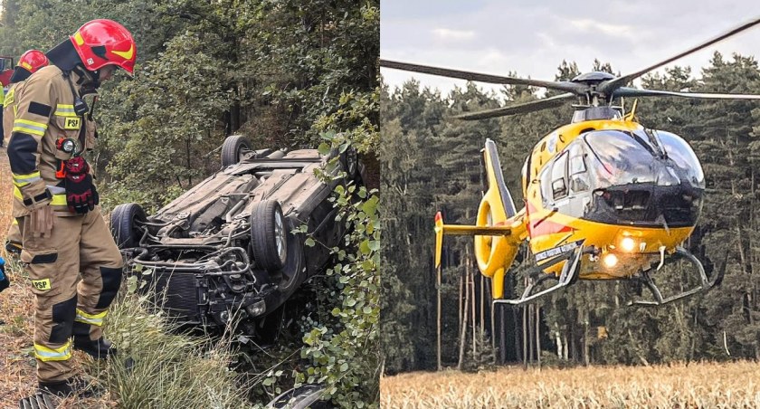 Pojazd wypadł z drogi i dachował - dwie osoby w szpitalu 