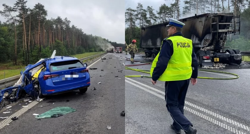 Tragiczny wypadek na drodze krajowej nr 74 - ciężarówka stanęła w płomieniach!