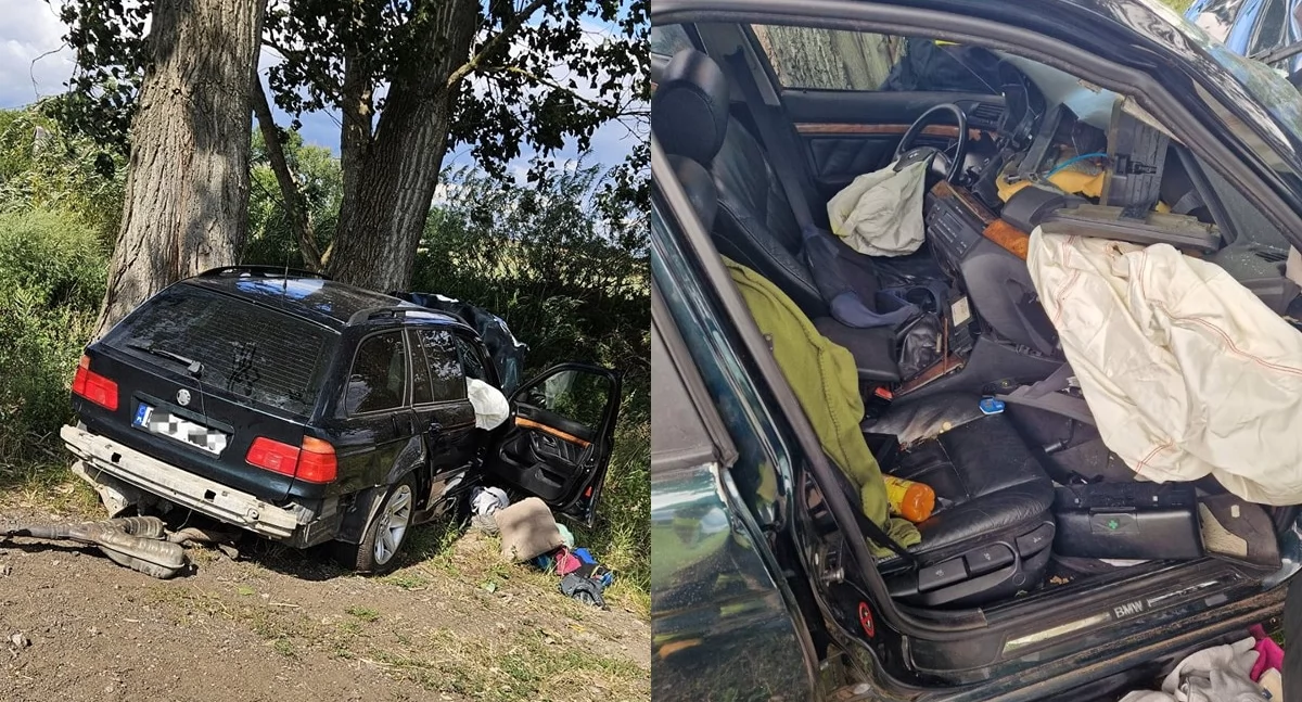 BMW rozbiło się na drzewie - dwie osoby trafiły do szpitala
