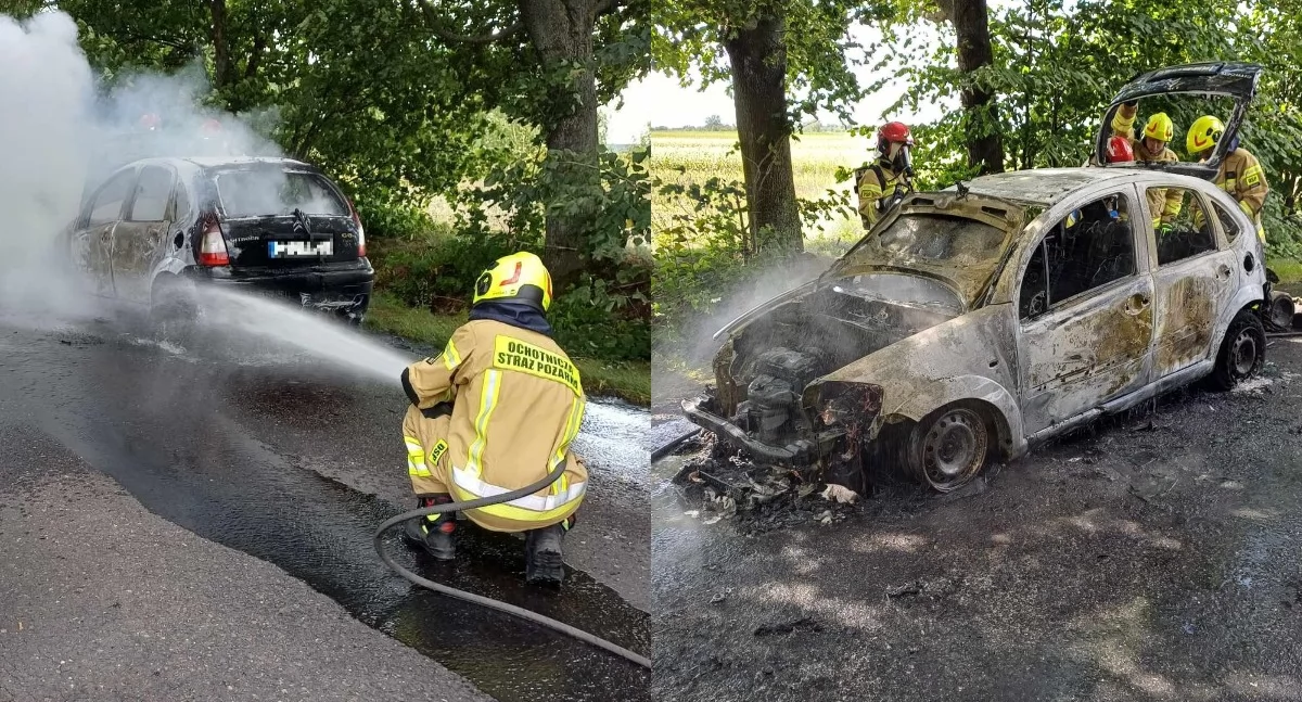Niebezpieczne zdarzenie na drodze - citroen zapalił się w trakcie jazdy