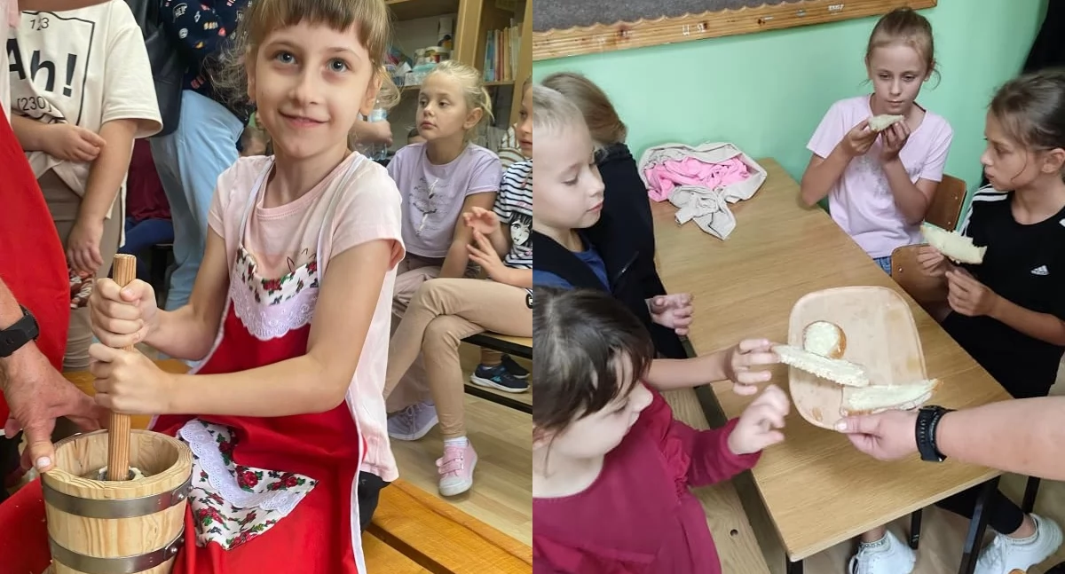 Warsztaty z ubijania masła - panie z KGW odwiedziły uczniów szkoły 