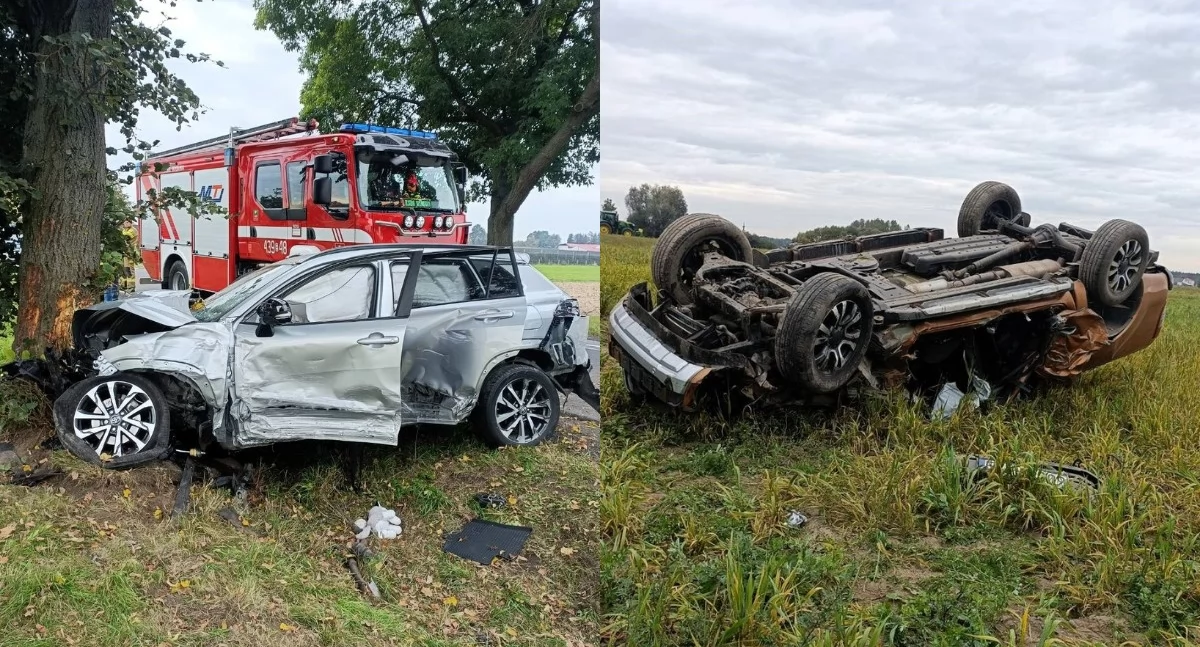 Zderzyli się podczas wyprzedzania - toyota uderzyła w drzewo, ford dachował