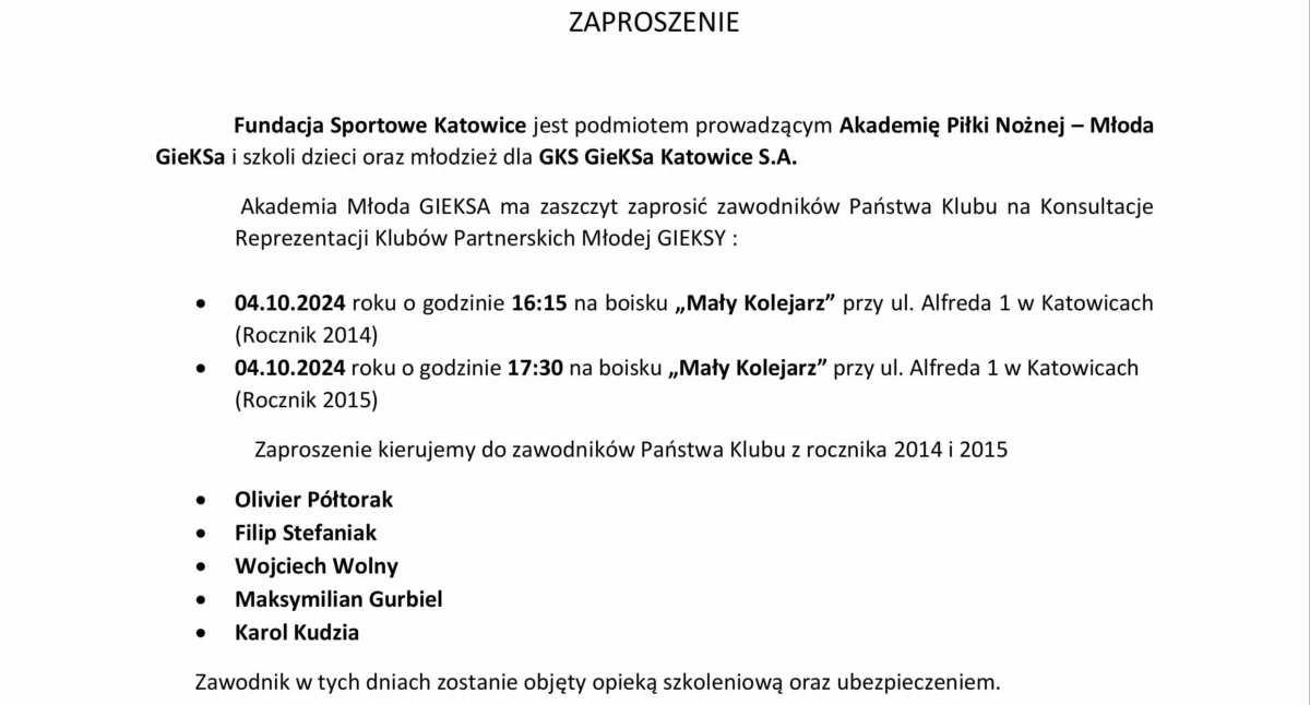 Młodzi piłkarze WKS Wieluń Sekcja Piłki Nożnej z zaproszeniem na konsultacje do Akademii „Młoda GieKSa